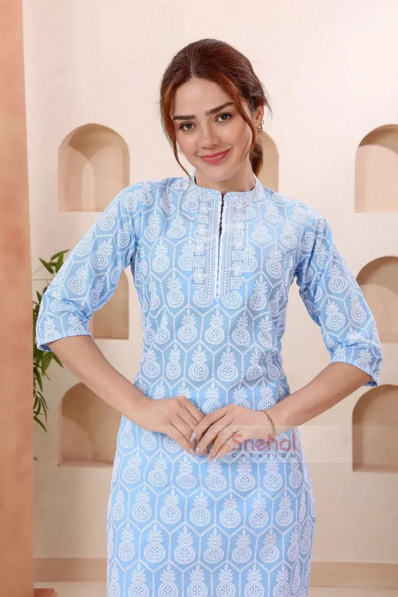 Designer Long Kurti Joy In Turquoise Pure Cotton Chikankari Long Kurti for Women
